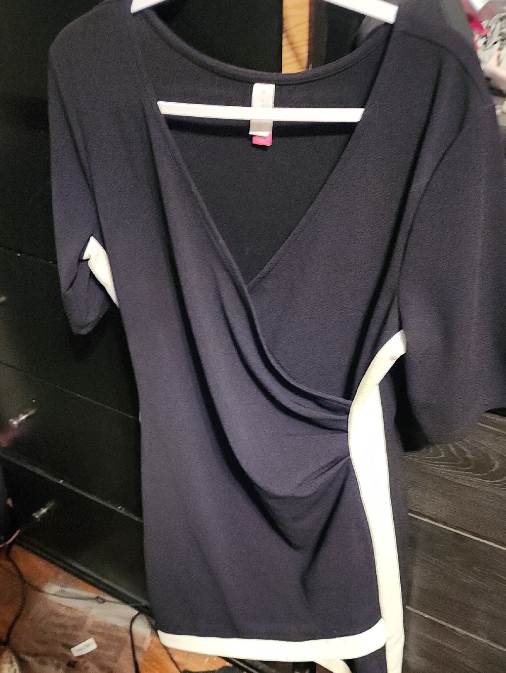 Black Wrap-Front Short Sleeve Dress with White Trim